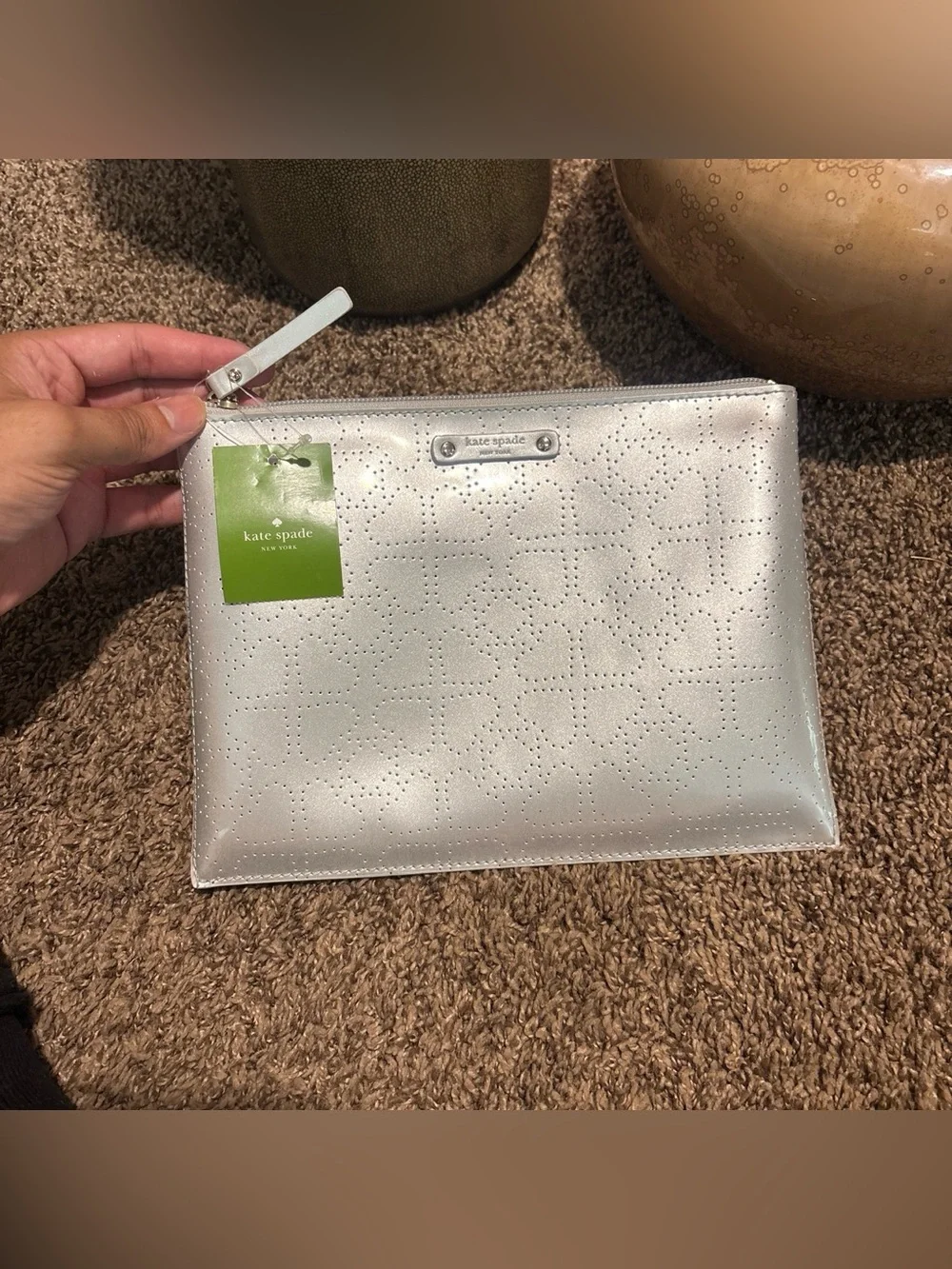 kate spade silver metallic perforated leather wristlet clutch